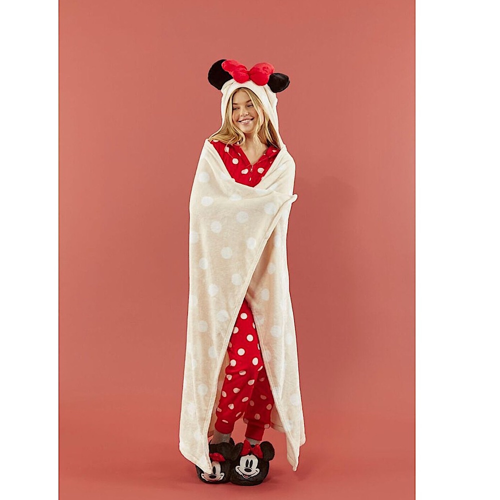 Womens Disney Minnie Mouse Bow Throw Hood Blanket